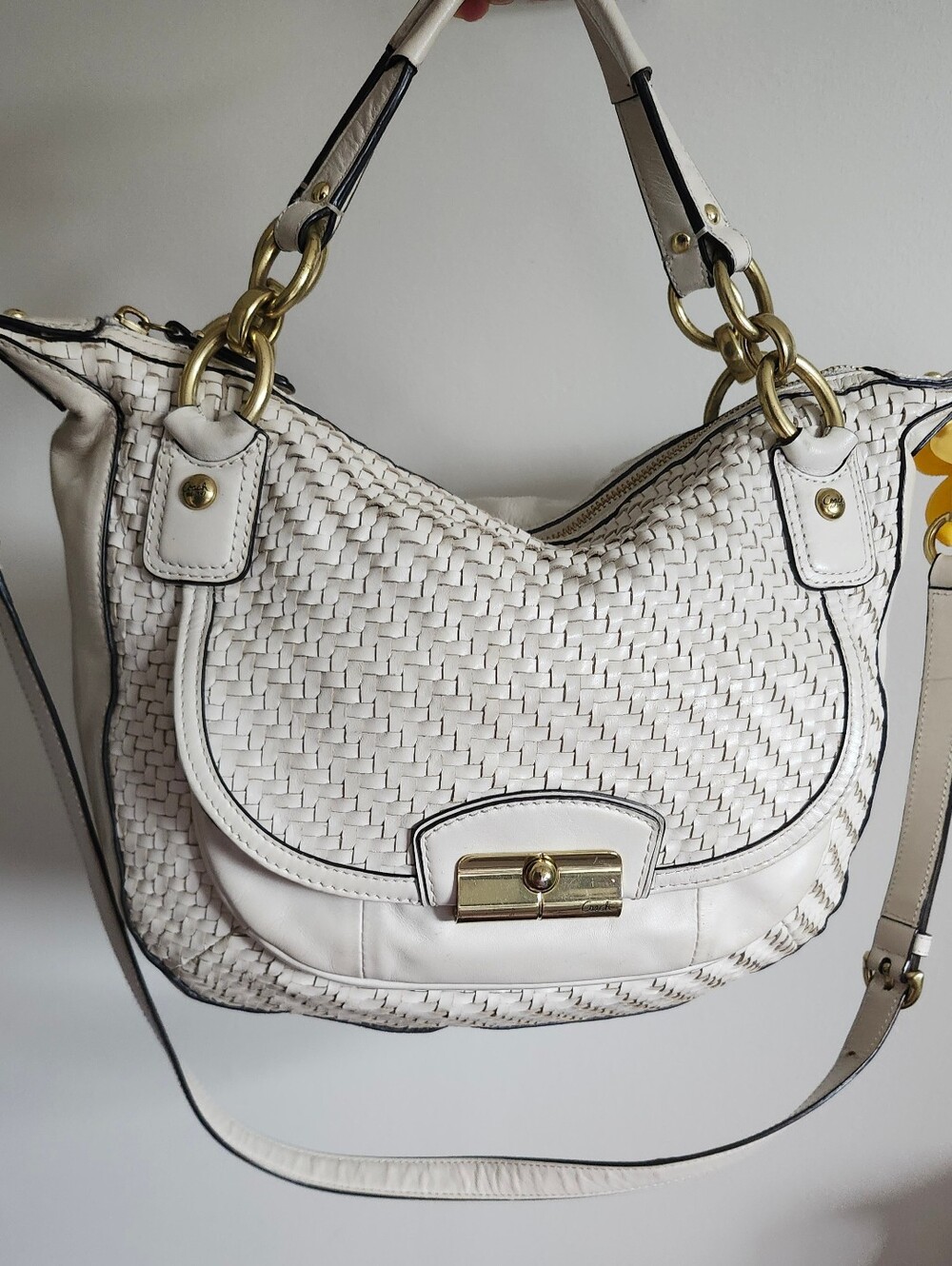 Coach Cream Woven Leather Shoulder Bag with Gold Hardware